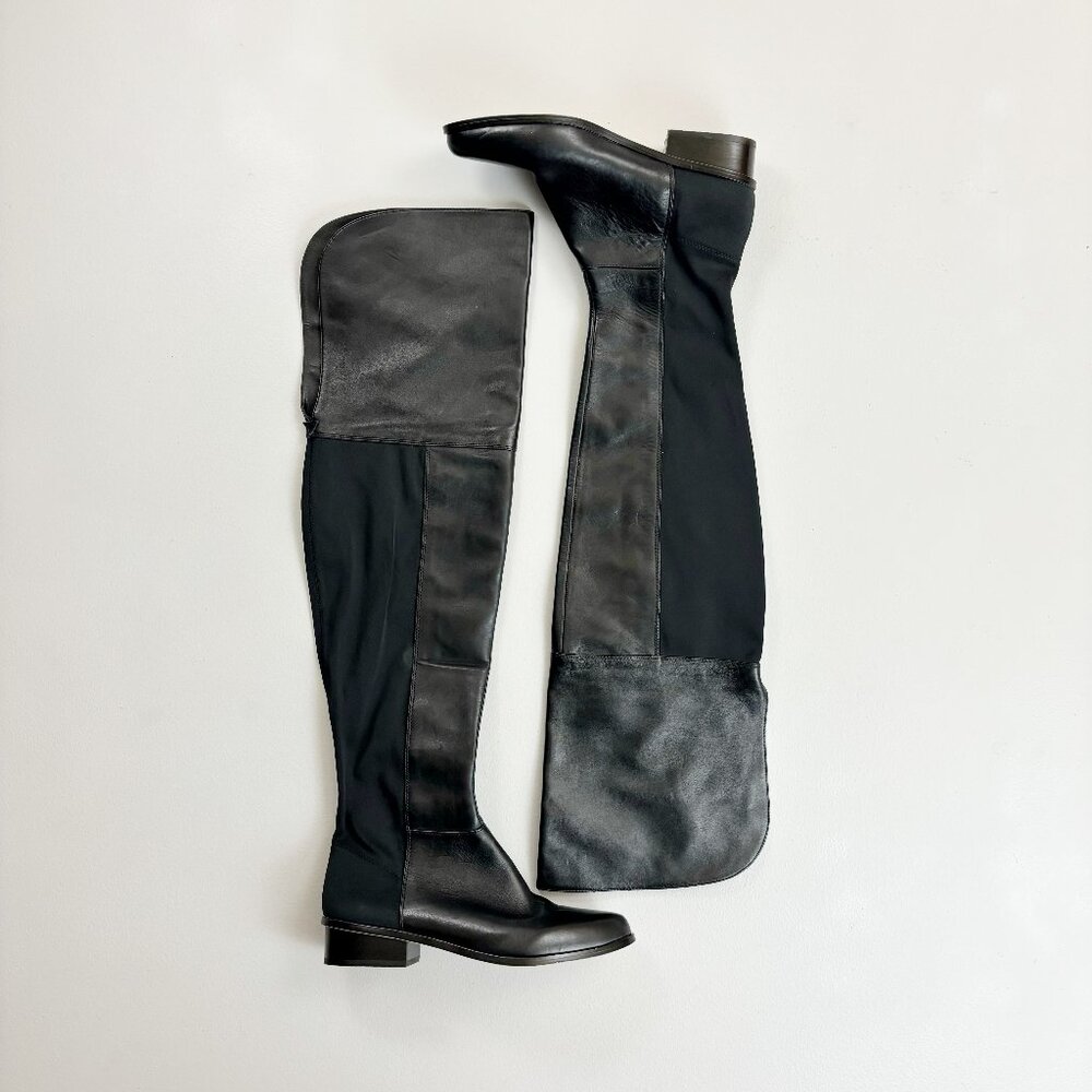 BCBGMAXAZRIA Over The Knee Slink Boots 7 / 37 Black Vachetta Leather Scuba